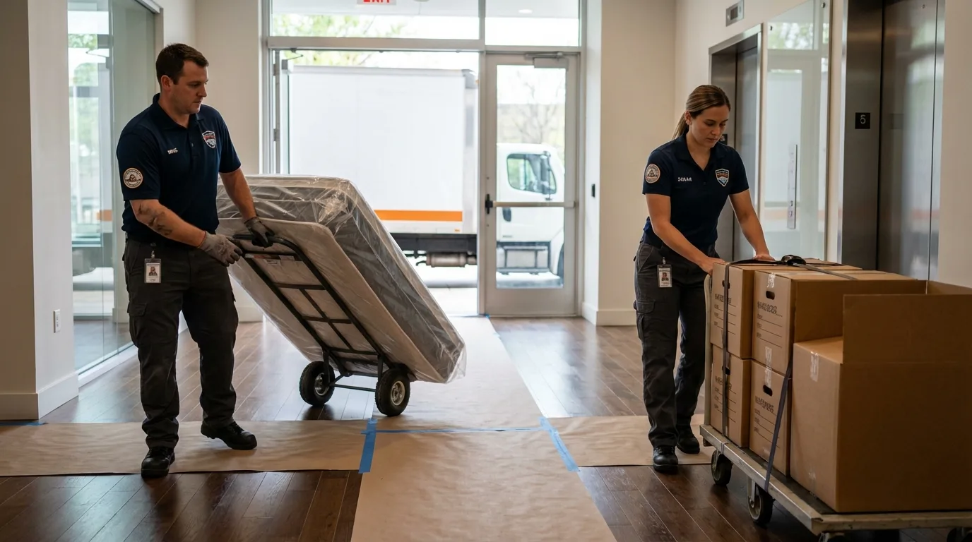 Professional apartment movers loading elevator in Ruleville, MS